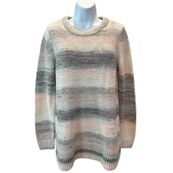 GAP Cozy Textured Stripe Sweater Gray‎ Pink Women’s M Crewneck - Picture 1 of 4